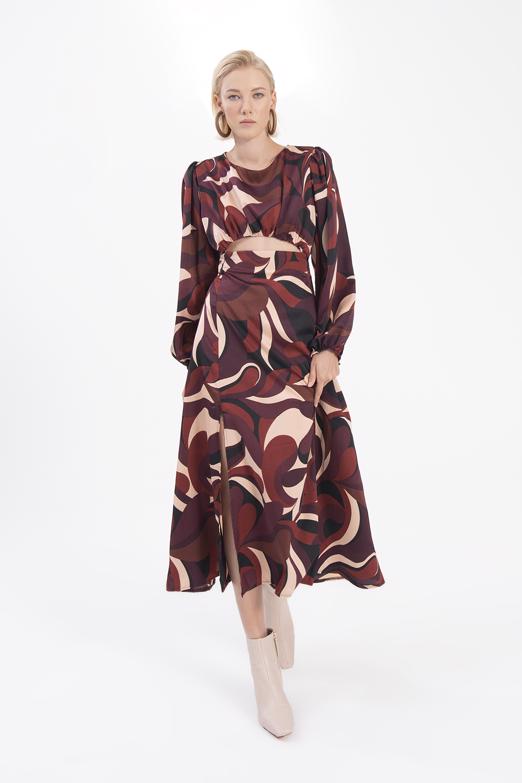 Bayan Multı Balon Kollu Yırtmaçlı Midi Elbise - BSL