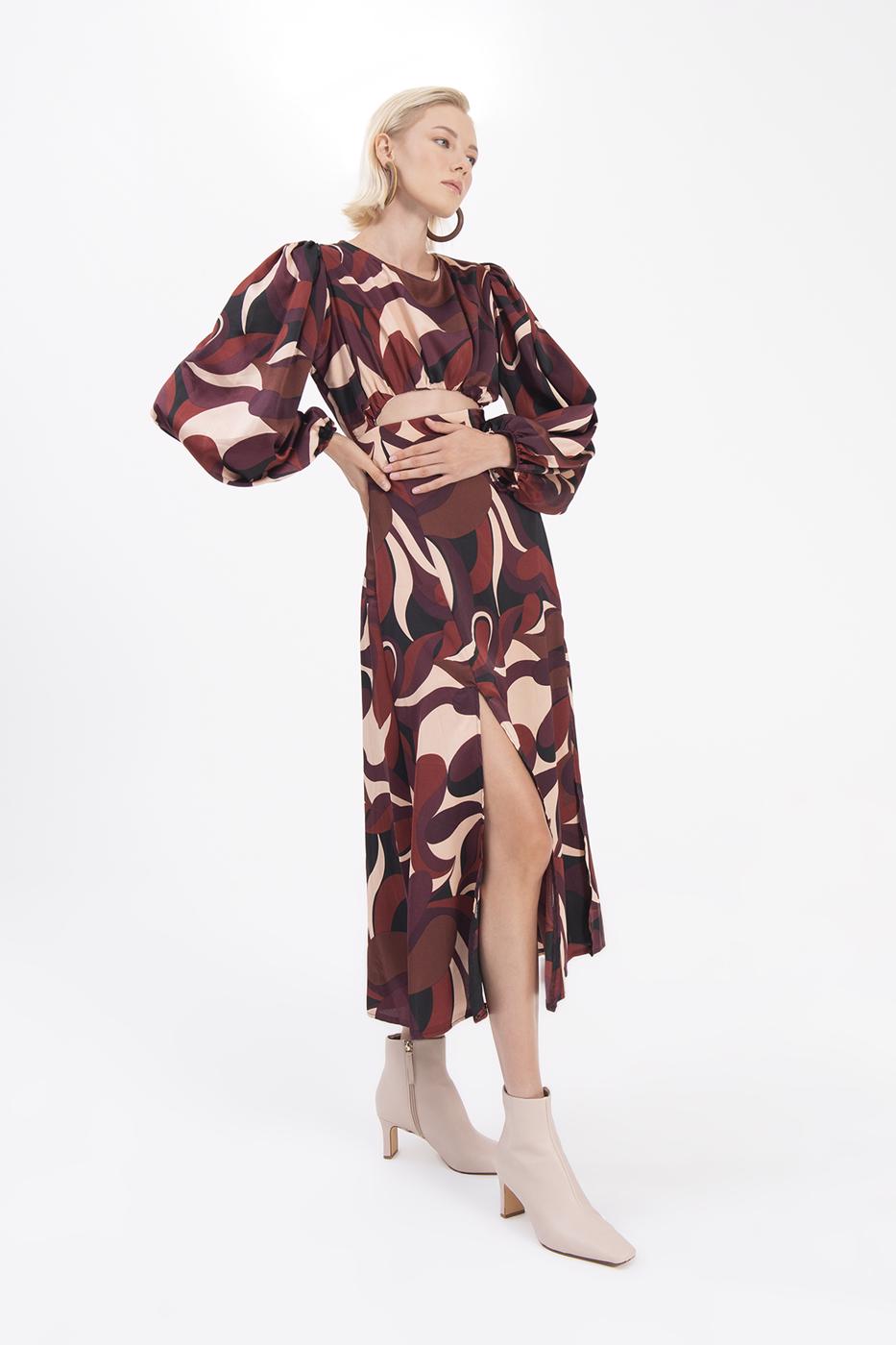 Bayan Multı Balon Kollu Yırtmaçlı Midi Elbise