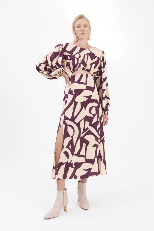 Bayan Mürdüm Balon Kollu Yırtmaçlı Midi Elbise - BSL