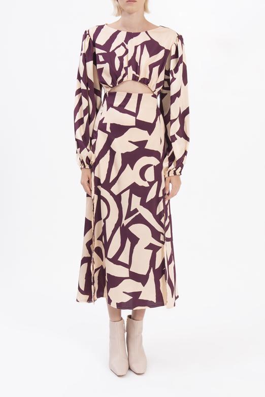 Bayan Mürdüm Balon Kollu Yırtmaçlı Midi Elbise - BSL