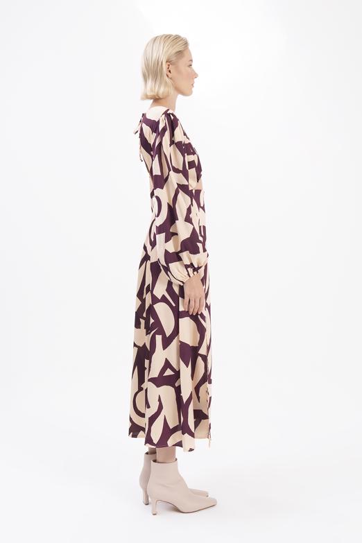 Bayan Mürdüm Balon Kollu Yırtmaçlı Midi Elbise - BSL