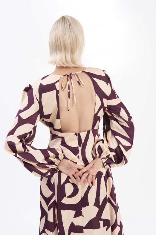 Bayan Mürdüm Balon Kollu Yırtmaçlı Midi Elbise - BSL