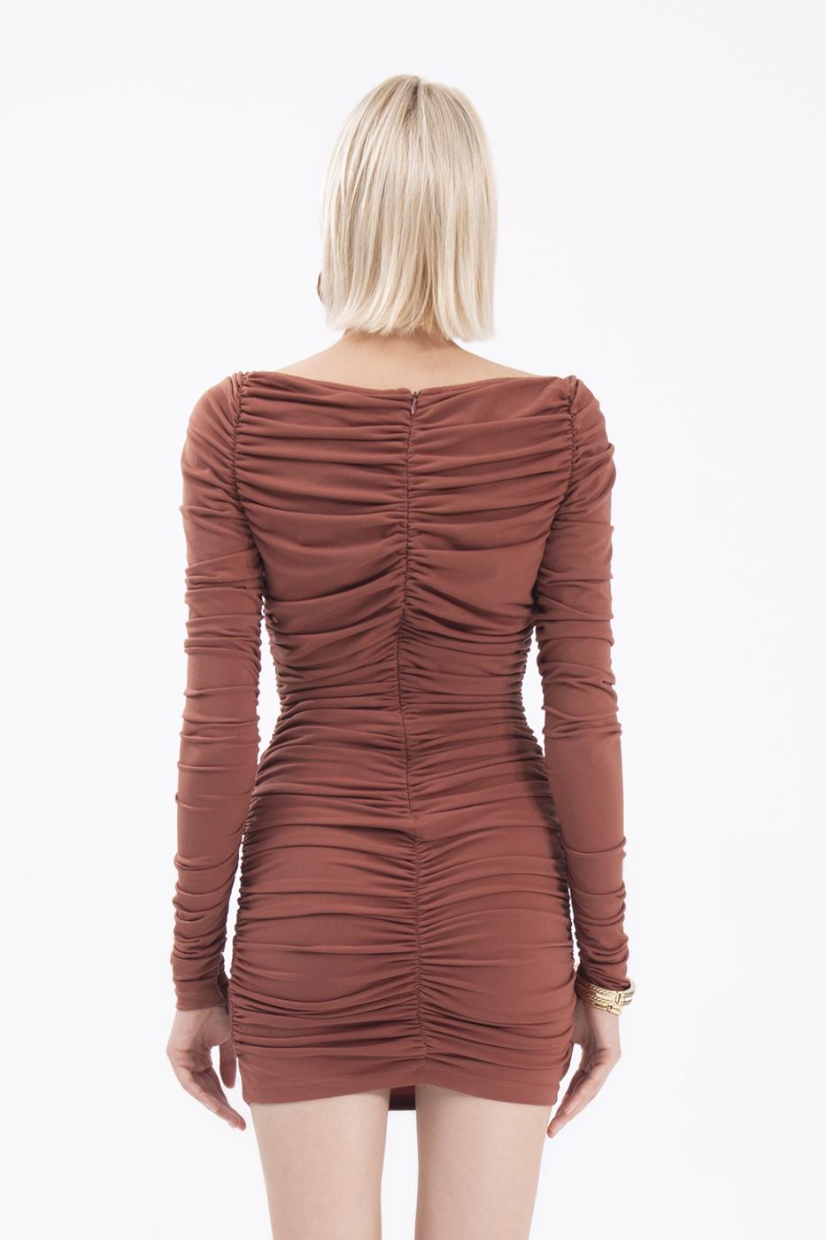 Bayan Kahverengi Carmen Yaka Drapeli Mini Elbise
