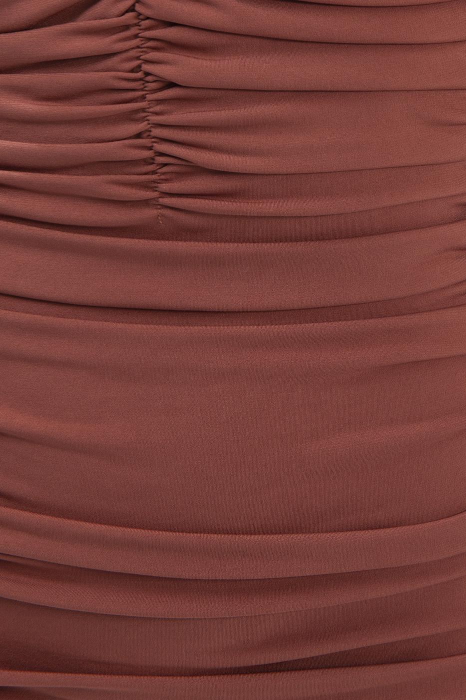 Bayan Kahverengi Carmen Yaka Drapeli Mini Elbise