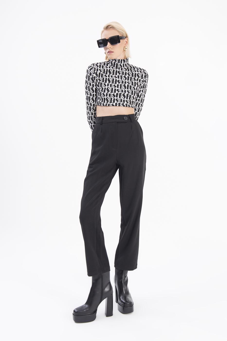 Bayan Siyah Yüksek Bel Pileli Havuç Pantolon