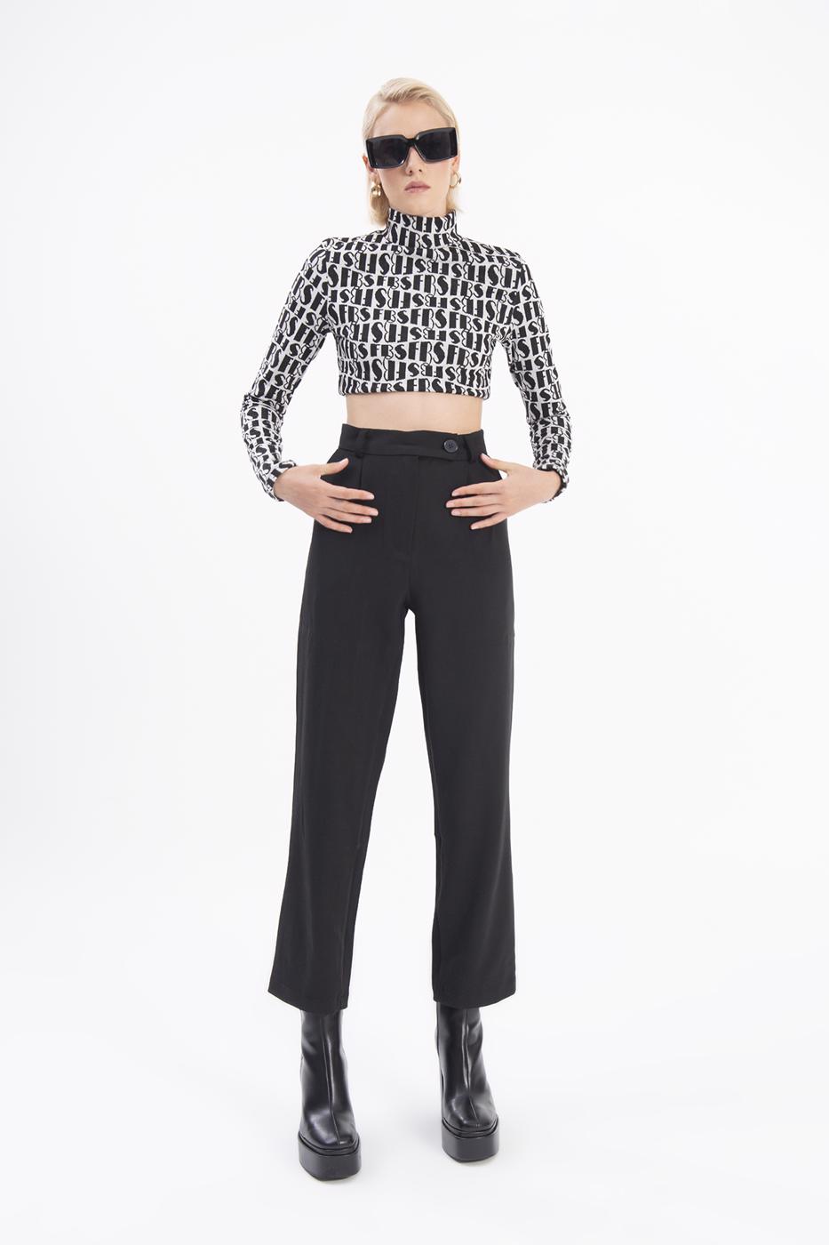 Bayan Siyah Yüksek Bel Pileli Havuç Pantolon