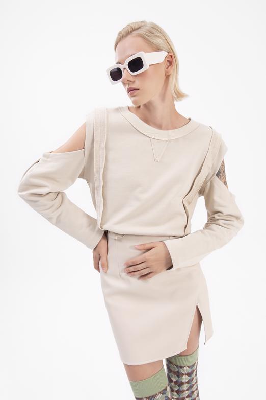 Bayan Bej Kol Pencereli Sweatshırt - BSL