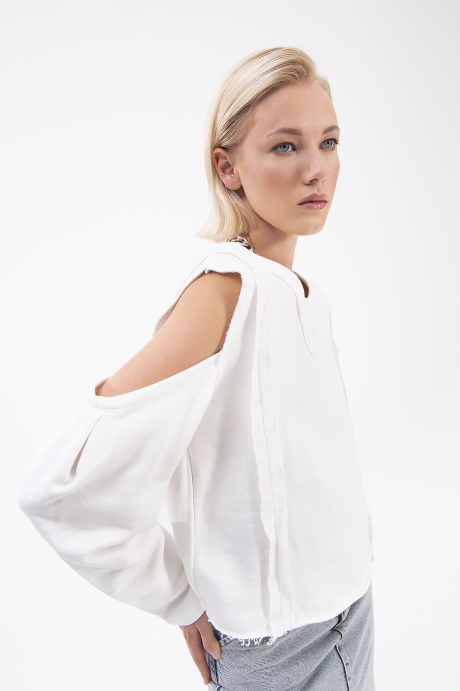 Bayan Ekru Kol Pencereli Sweatshırt