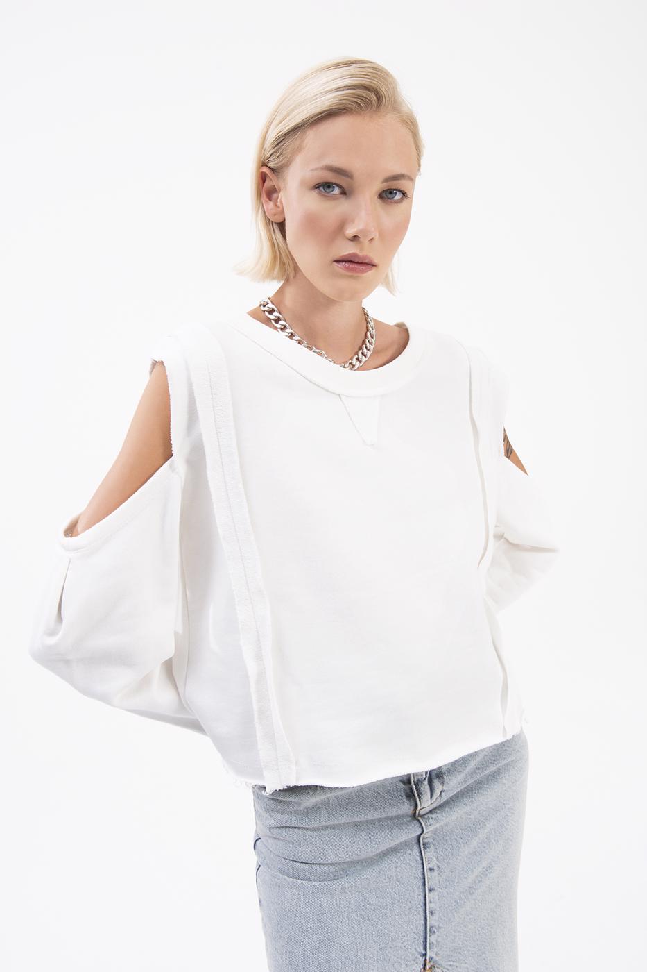 Bayan Ekru Kol Pencereli Sweatshırt