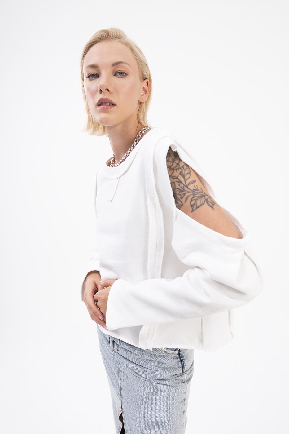 Bayan Ekru Kol Pencereli Sweatshırt