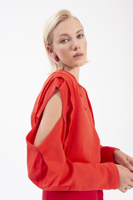 Bayan Kırmızı Kol Pencereli Sweatshırt - BSL