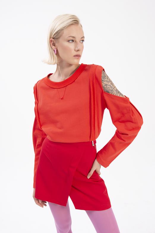 Bayan Kırmızı Kol Pencereli Sweatshırt - BSL