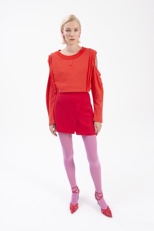 Bayan Kırmızı Kol Pencereli Sweatshırt - BSL