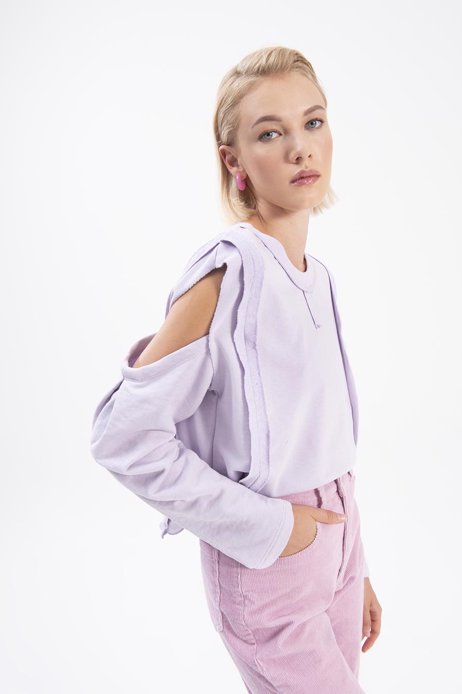 Bayan Lila Kol Pencereli Sweatshırt