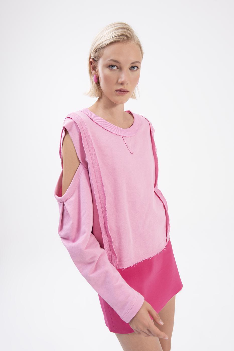 Bayan Pembe Kol Pencereli Sweatshırt