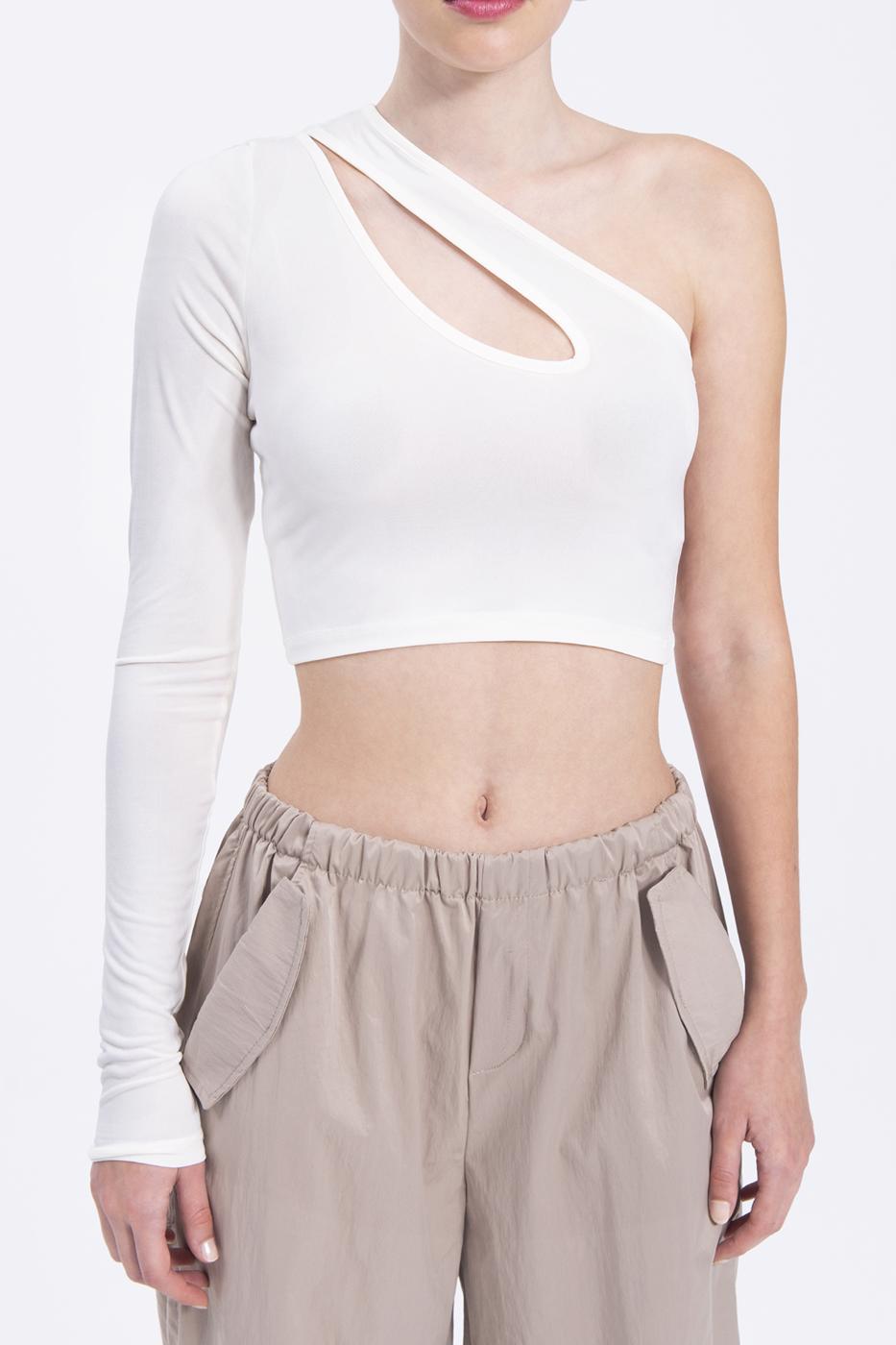 Bayan Ekru Tek Omuz Detaylı Crop Top