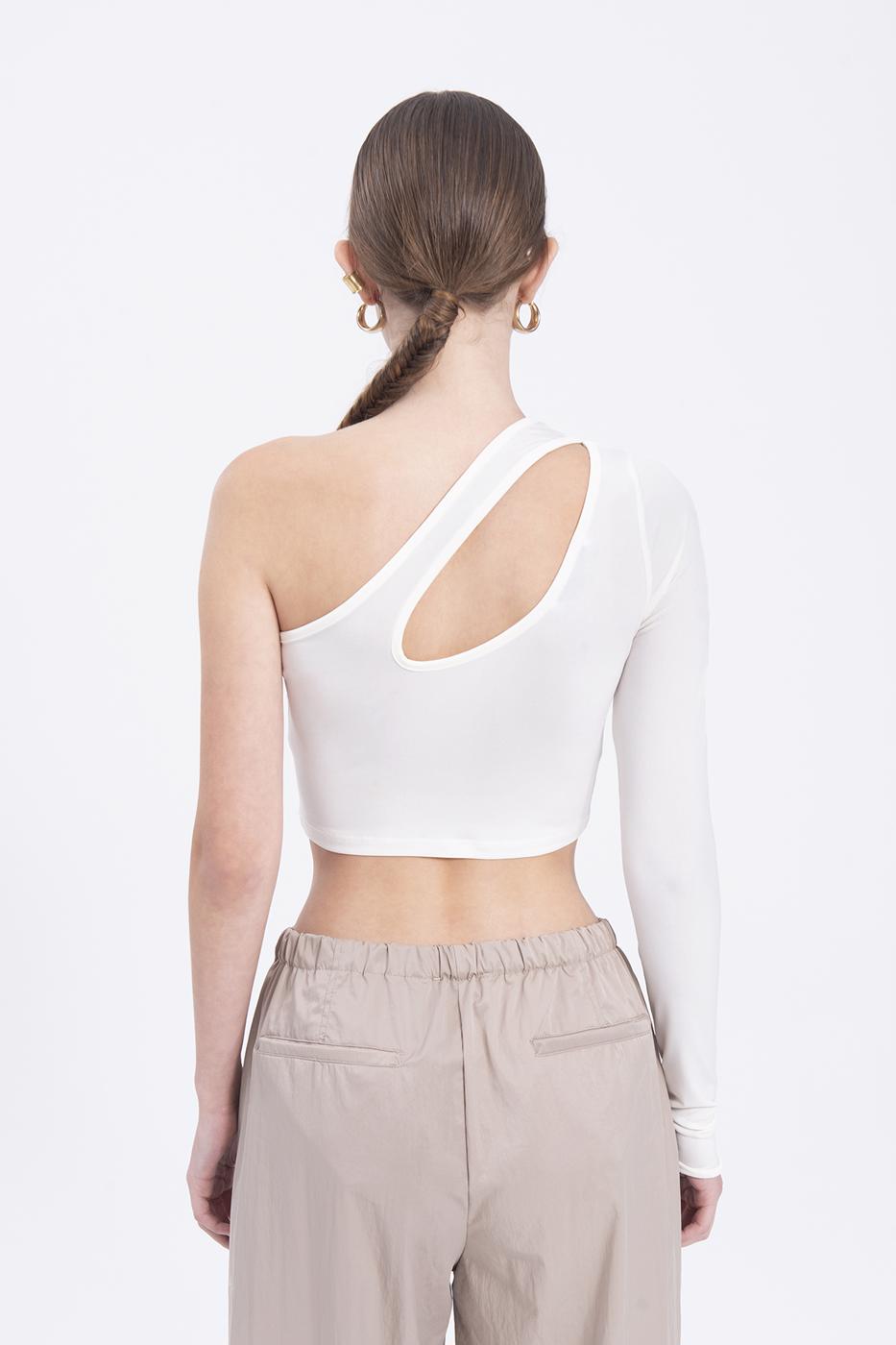 Bayan Ekru Tek Omuz Detaylı Crop Top