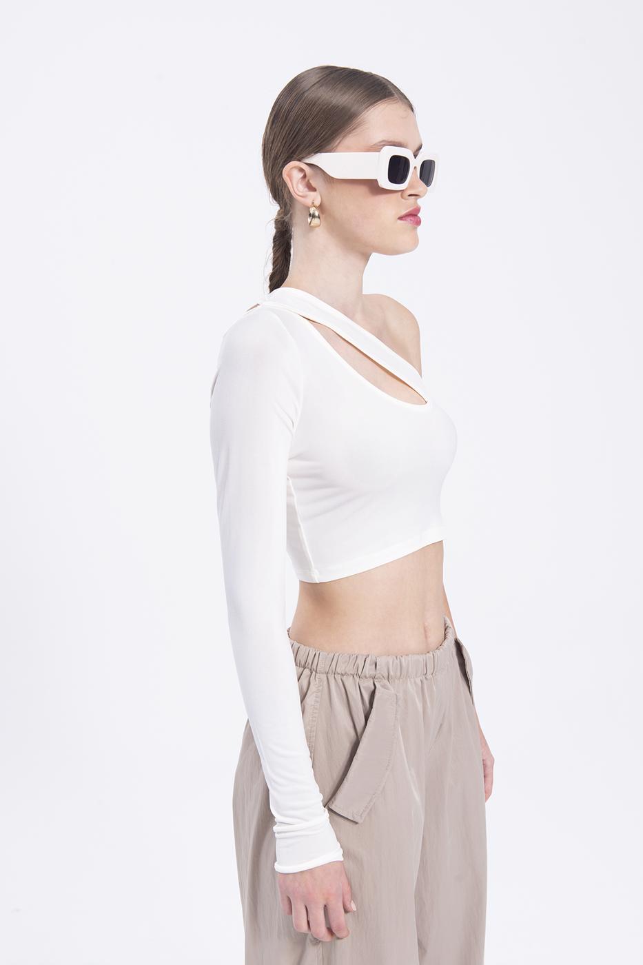 Bayan Ekru Tek Omuz Detaylı Crop Top