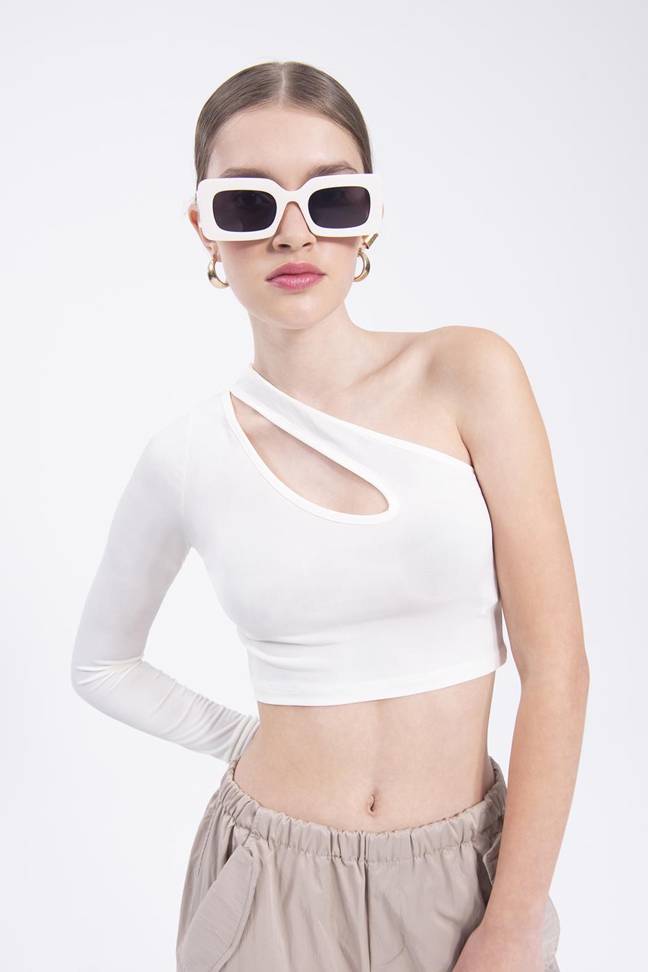 Bayan Ekru Tek Omuz Detaylı Crop Top