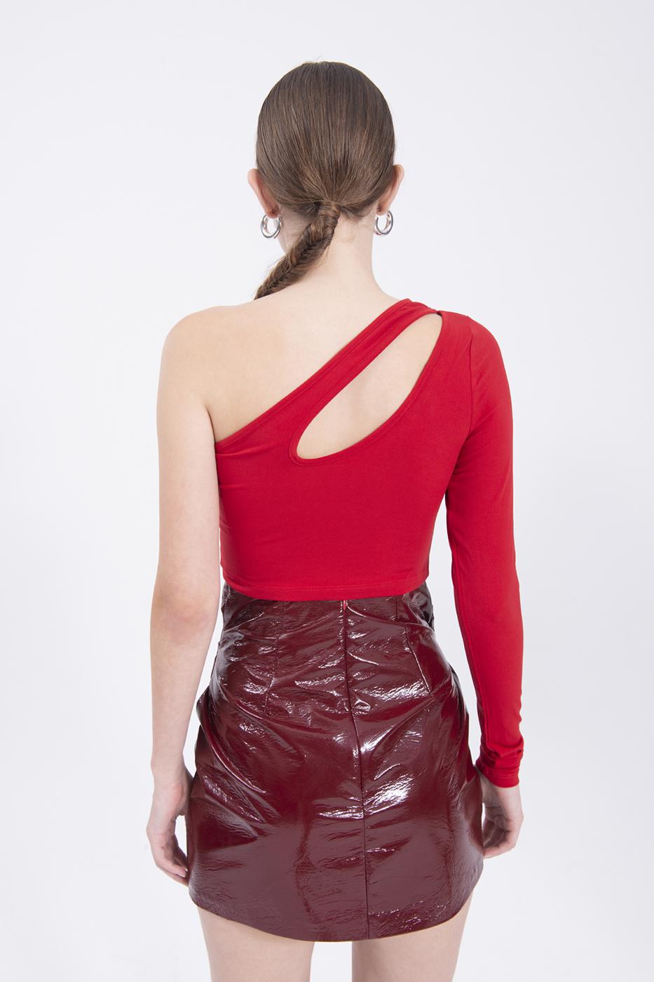 Bayan Kırmızı Tek Omuz Detaylı Crop Top