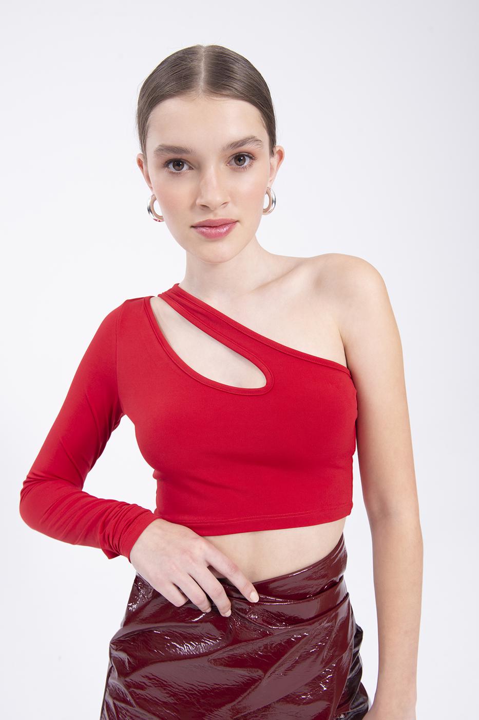 Bayan Kırmızı Tek Omuz Detaylı Crop Top