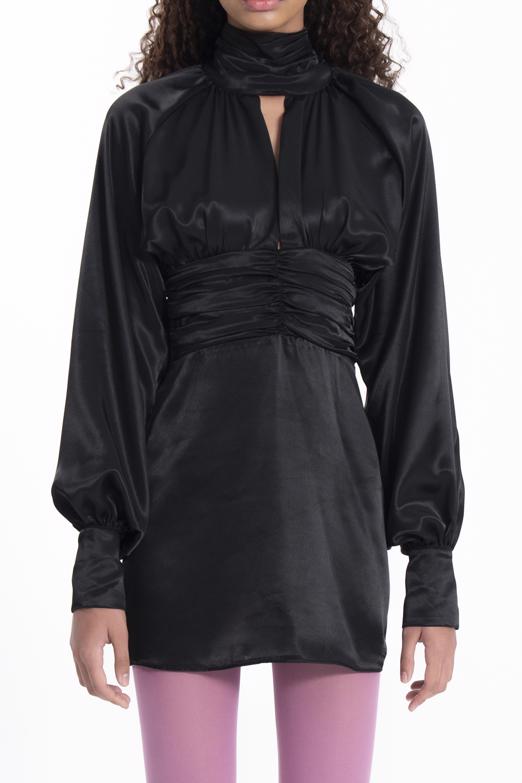 Bayan Siyah Dik Yaka Balon Kollu Mini Saten Elbise - BSL