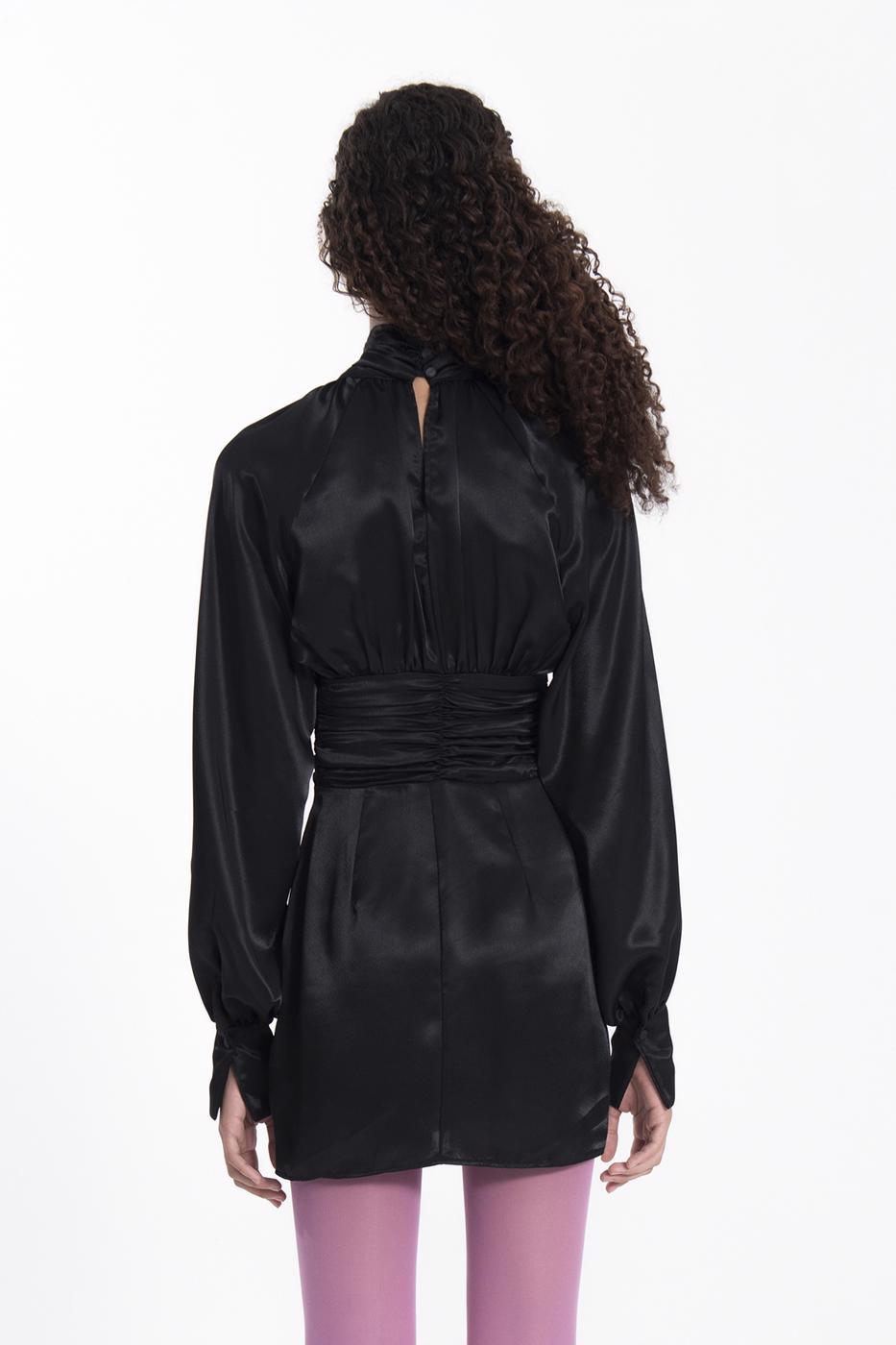 Bayan Siyah Dik Yaka Balon Kollu Mini Saten Elbise