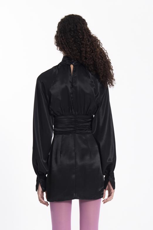 Bayan Siyah Dik Yaka Balon Kollu Mini Saten Elbise - BSL