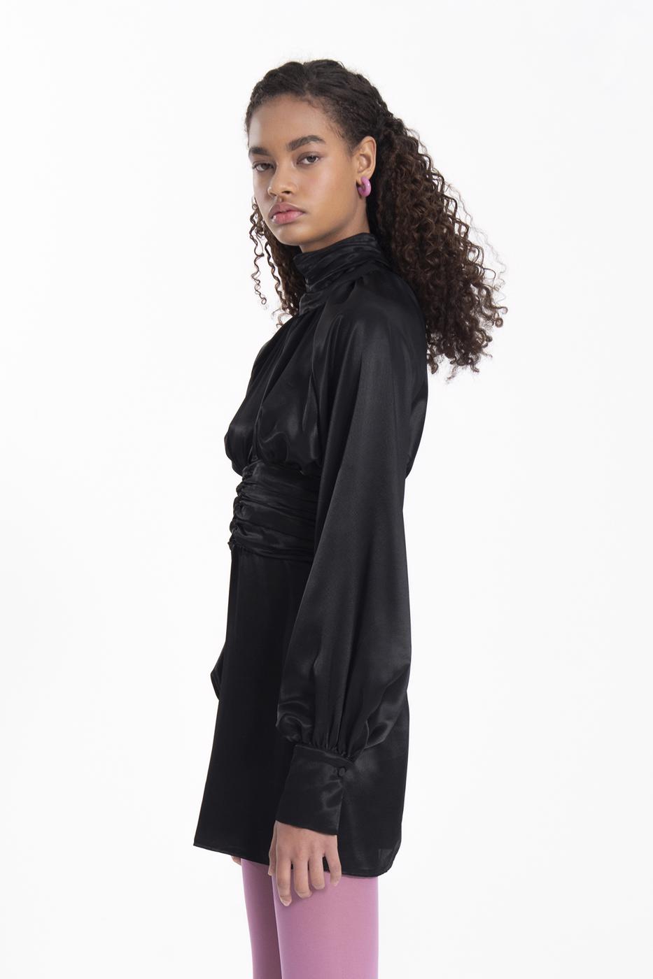 Bayan Siyah Dik Yaka Balon Kollu Mini Saten Elbise