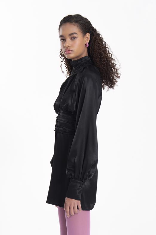 Bayan Siyah Dik Yaka Balon Kollu Mini Saten Elbise - BSL