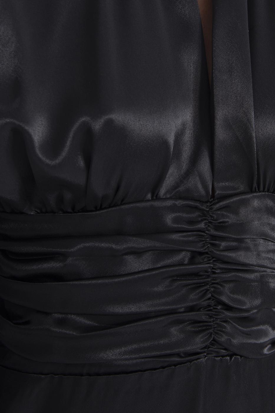 Bayan Siyah Dik Yaka Balon Kollu Mini Saten Elbise