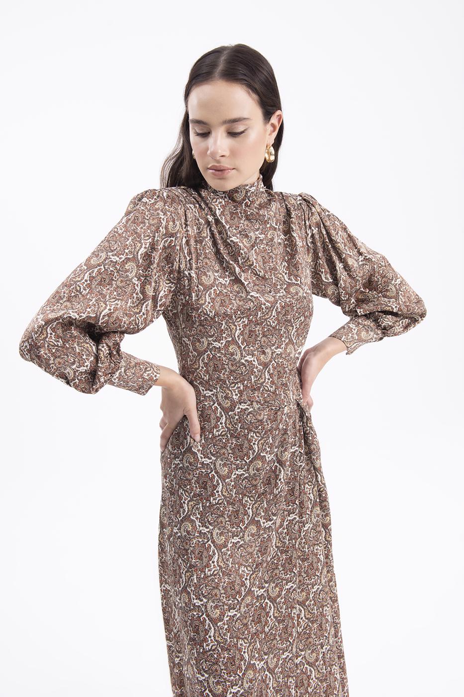 Bayan Kahverengi Balon Kollu Midi Elbise