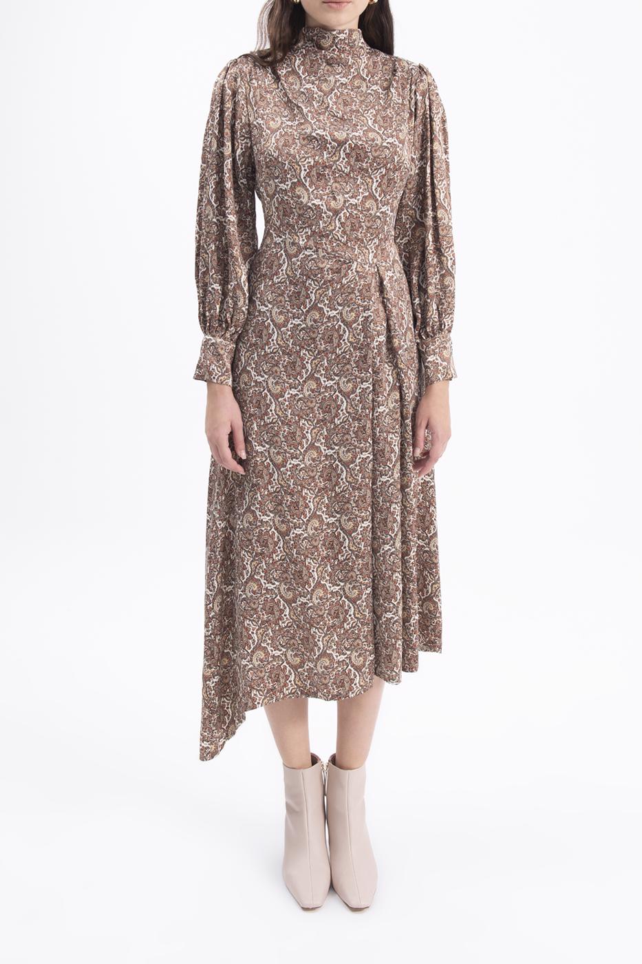 Bayan Kahverengi Balon Kollu Midi Elbise