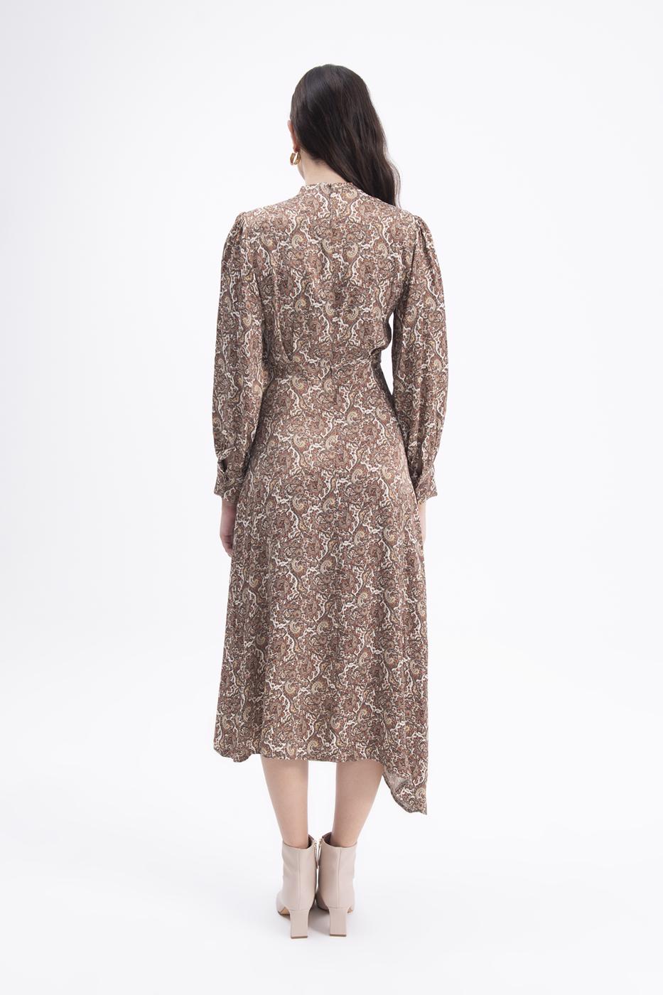 Bayan Kahverengi Balon Kollu Midi Elbise