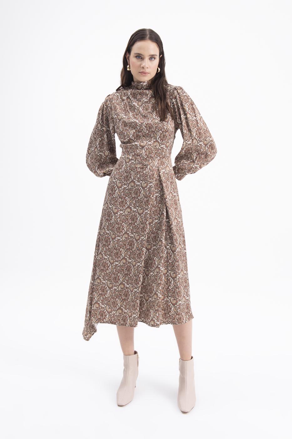 Bayan Kahverengi Balon Kollu Midi Elbise