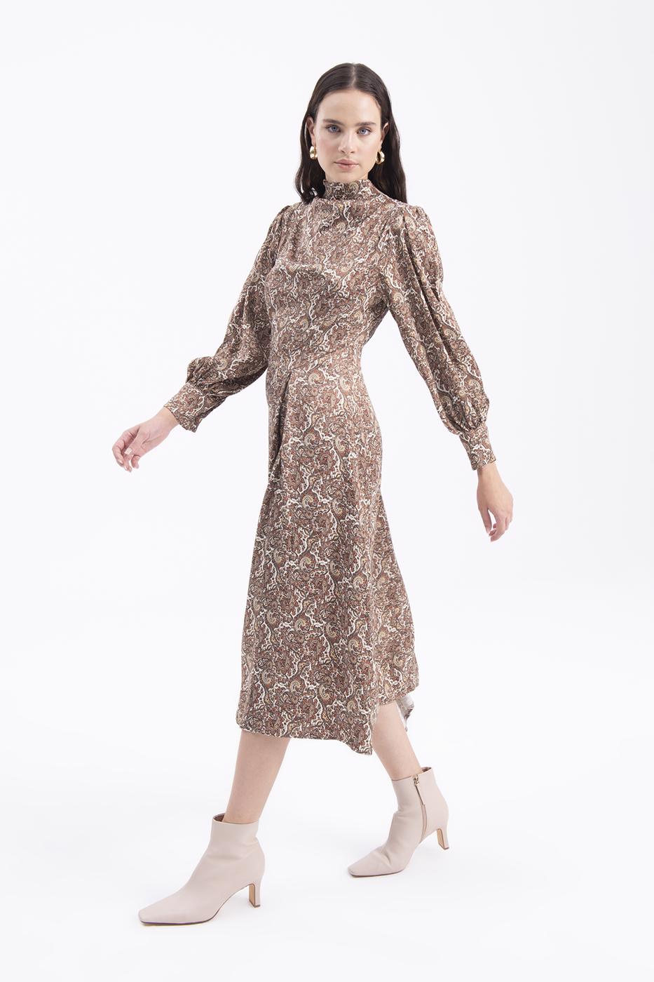 Bayan Kahverengi Balon Kollu Midi Elbise