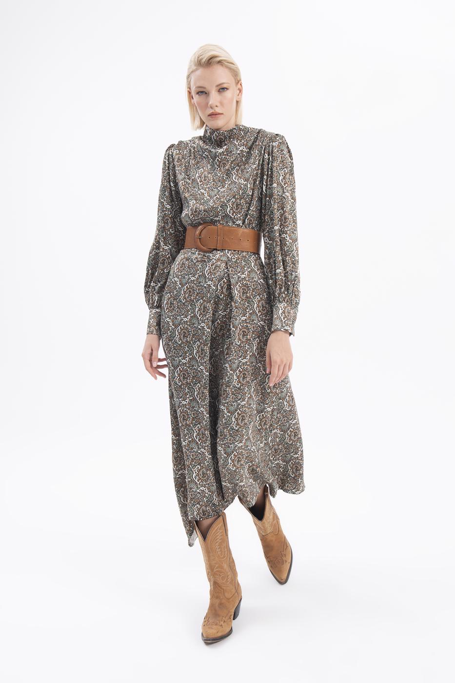 Bayan Yeşil Balon Kollu Midi Elbise