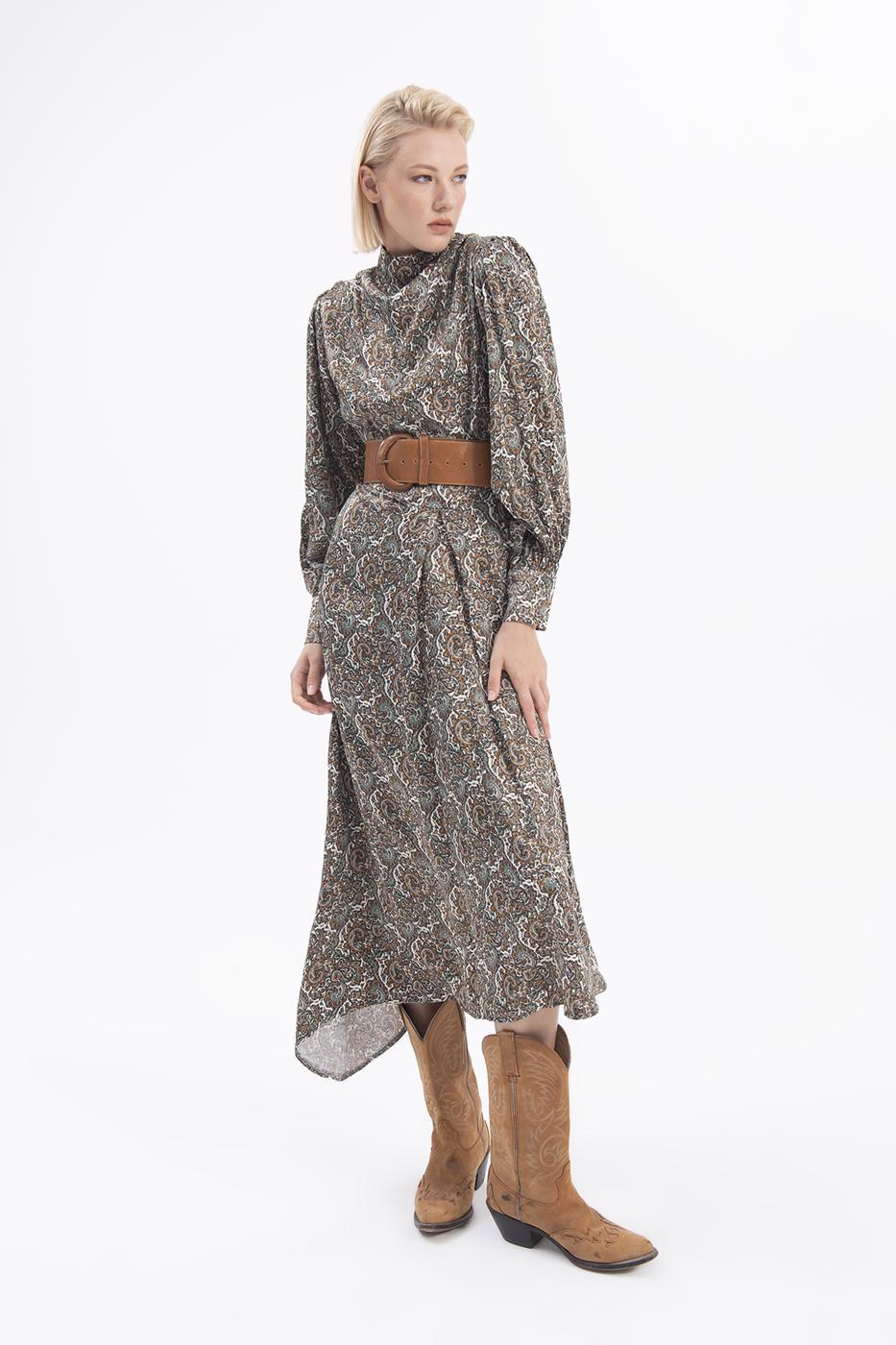 Bayan Yeşil Balon Kollu Midi Elbise