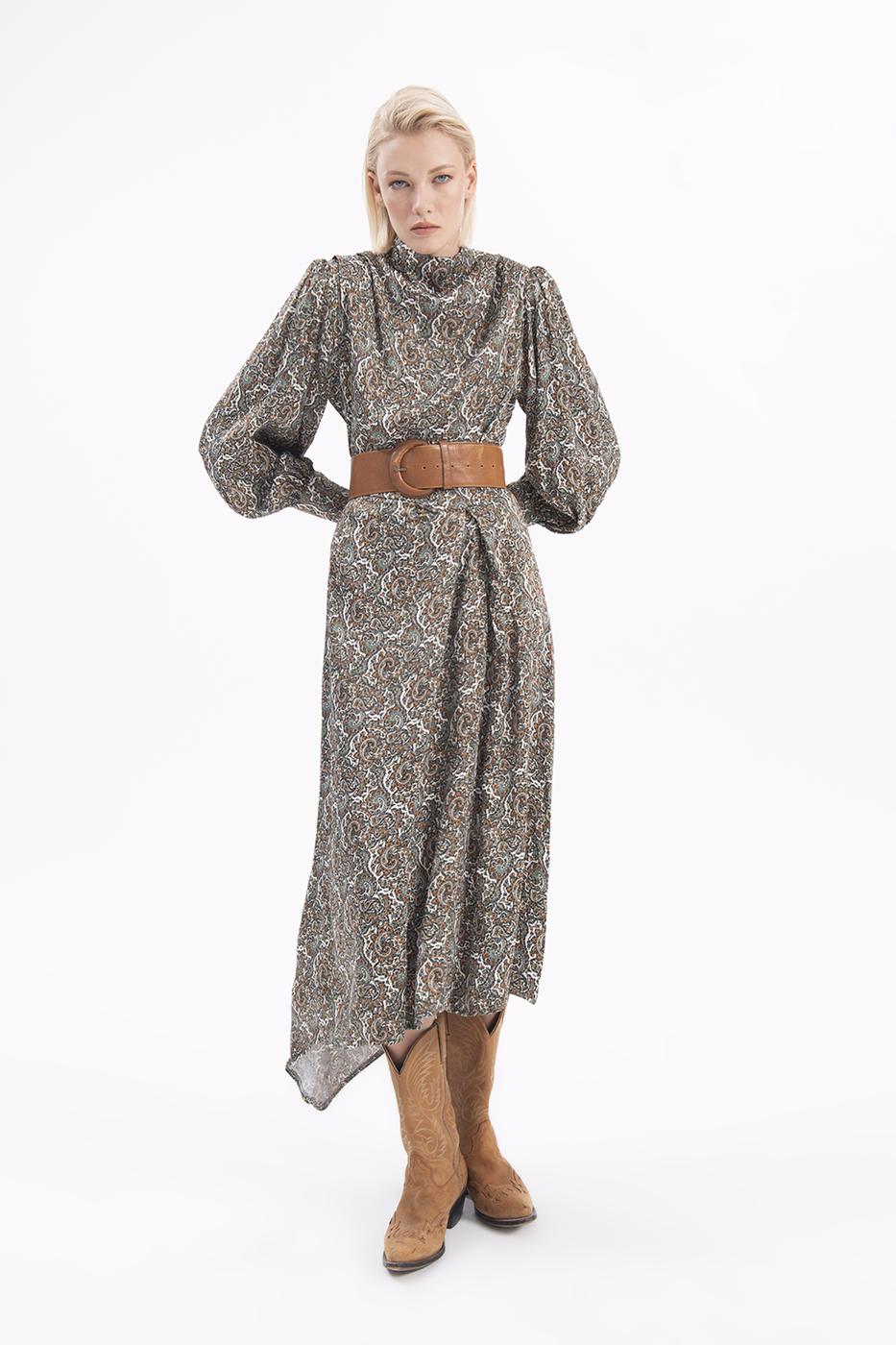 Bayan Yeşil Balon Kollu Midi Elbise