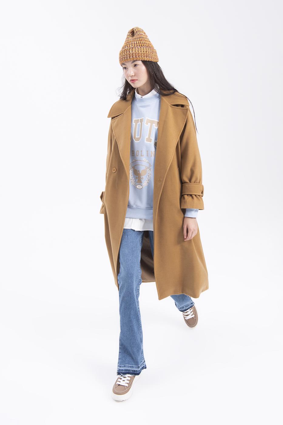 Bayan Camel Oversize Kaşe Uzun Kaban