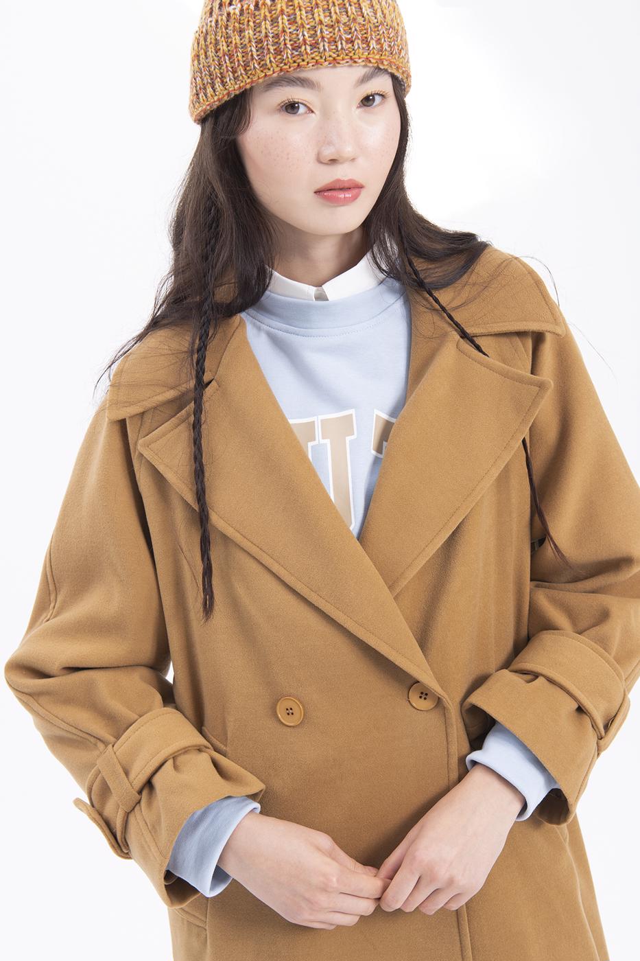 Bayan Camel Oversize Kaşe Uzun Kaban