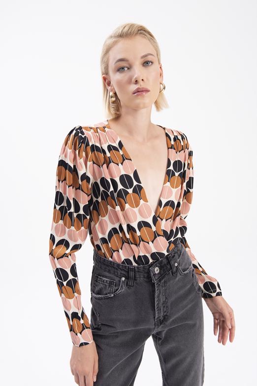 Bayan Ekru Kruvaze Yaka Bodysuit - BSL