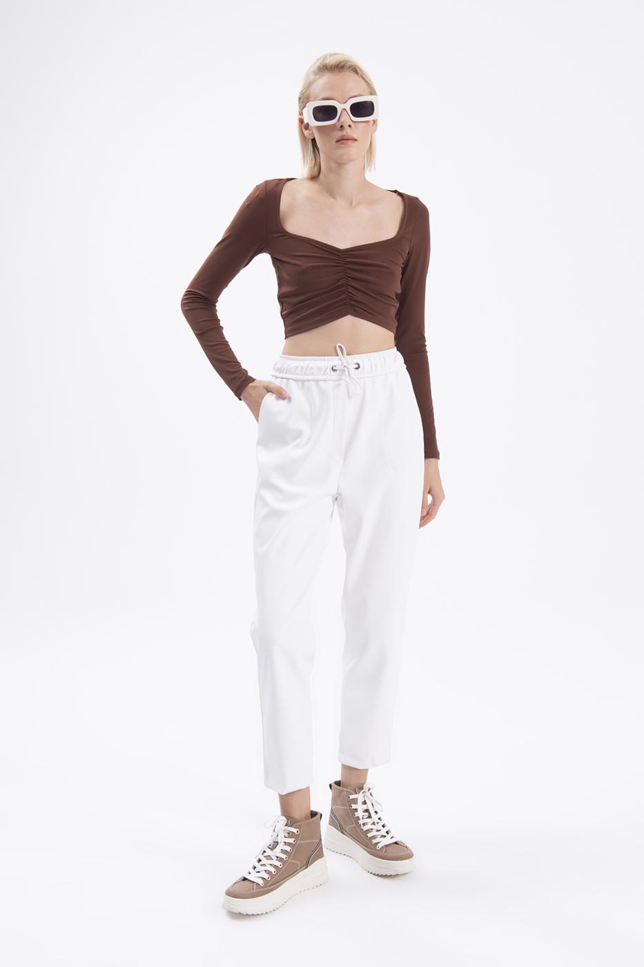 Bayan Ekru Beli Lastikli Düz Kesim Deri Pantolon