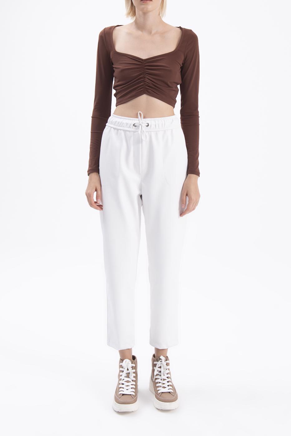 Bayan Ekru Beli Lastikli Düz Kesim Deri Pantolon