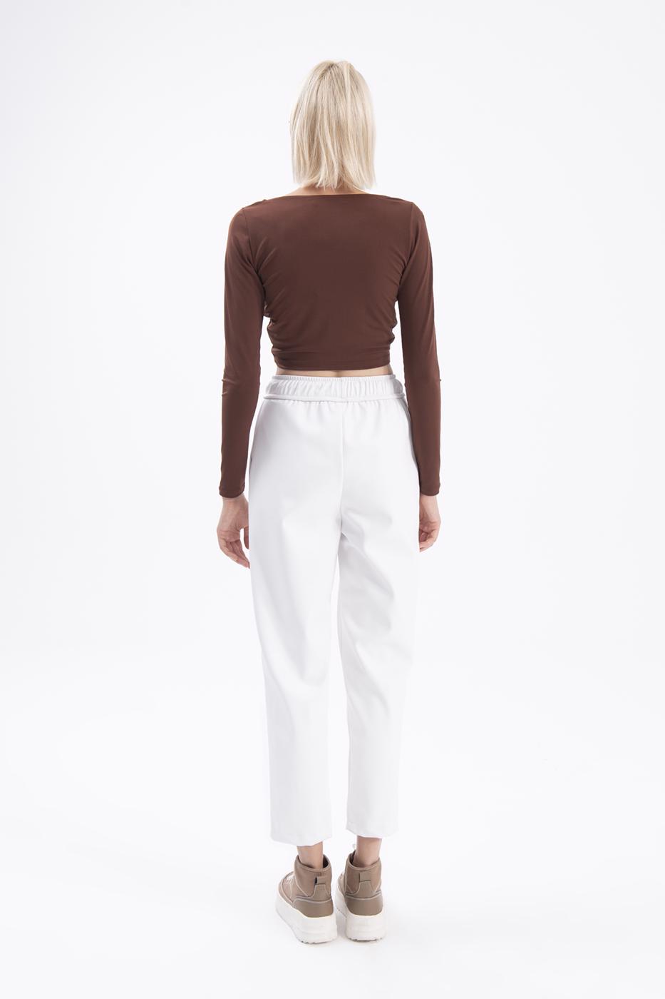 Bayan Ekru Beli Lastikli Düz Kesim Deri Pantolon