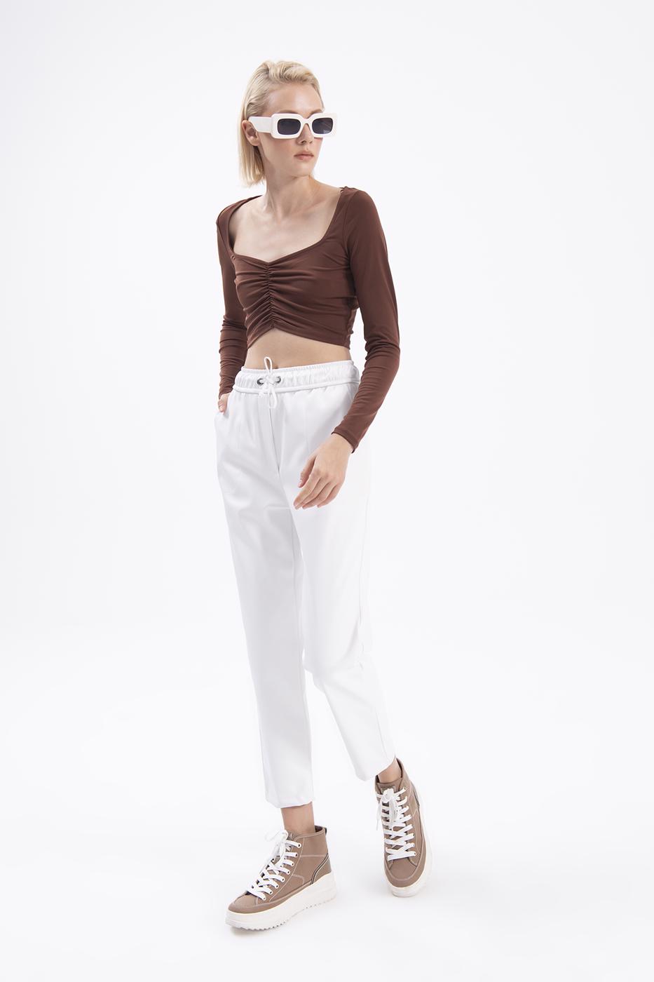 Bayan Ekru Beli Lastikli Düz Kesim Deri Pantolon