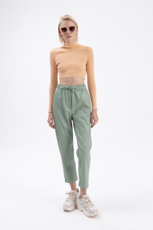 Bayan Yeşil Beli Lastikli Düz Kesim Deri Pantolon - BSL