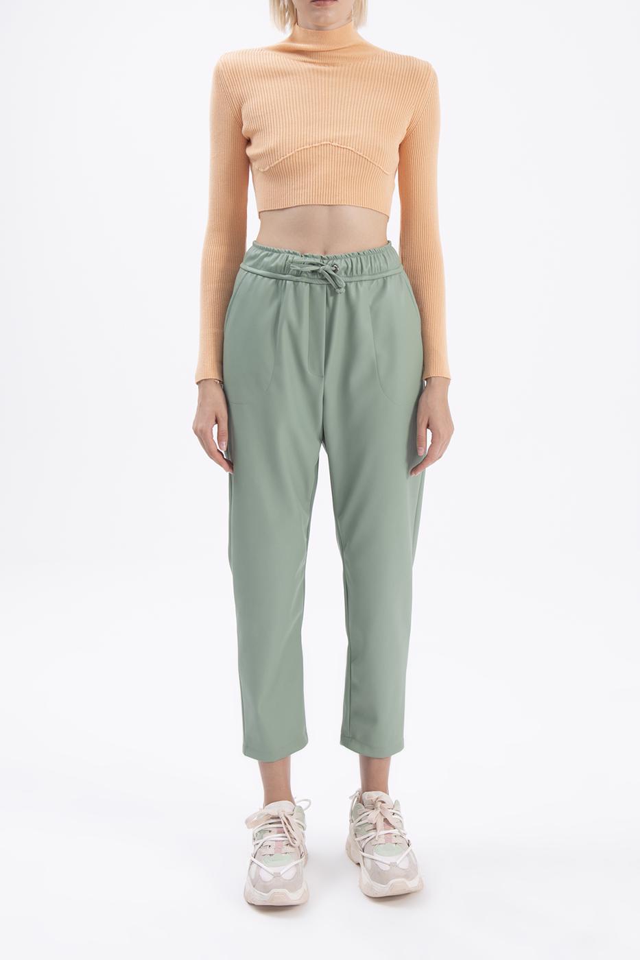 Bayan Yeşil Beli Lastikli Düz Kesim Deri Pantolon