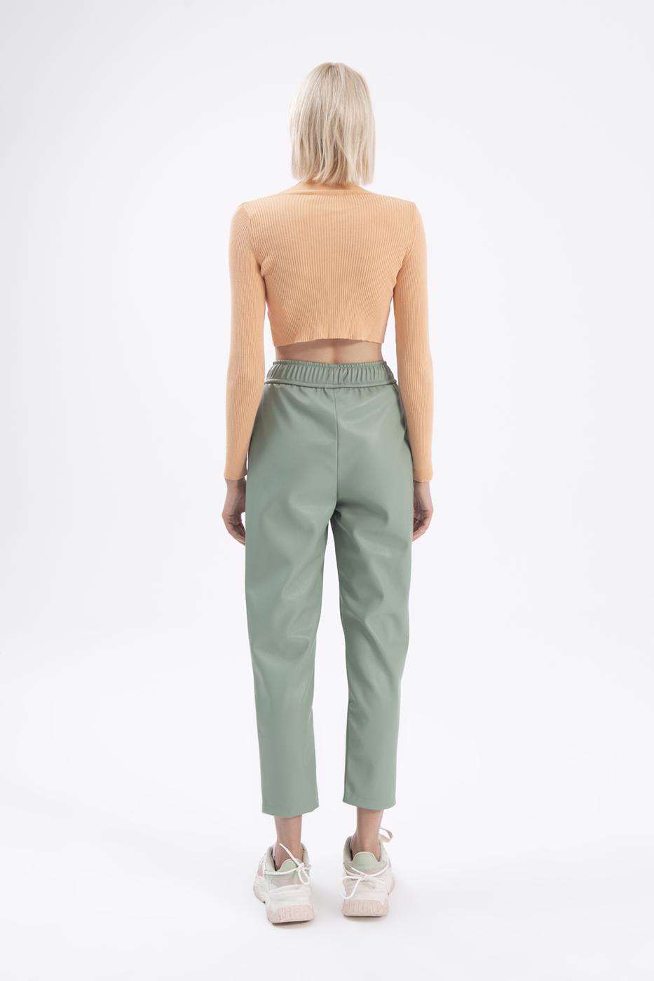 Bayan Yeşil Beli Lastikli Düz Kesim Deri Pantolon