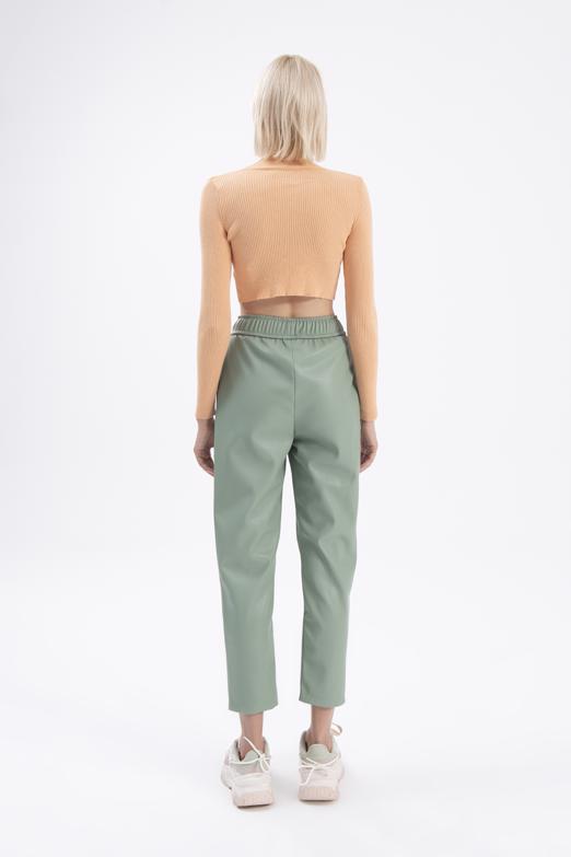 Bayan Yeşil Beli Lastikli Düz Kesim Deri Pantolon - BSL